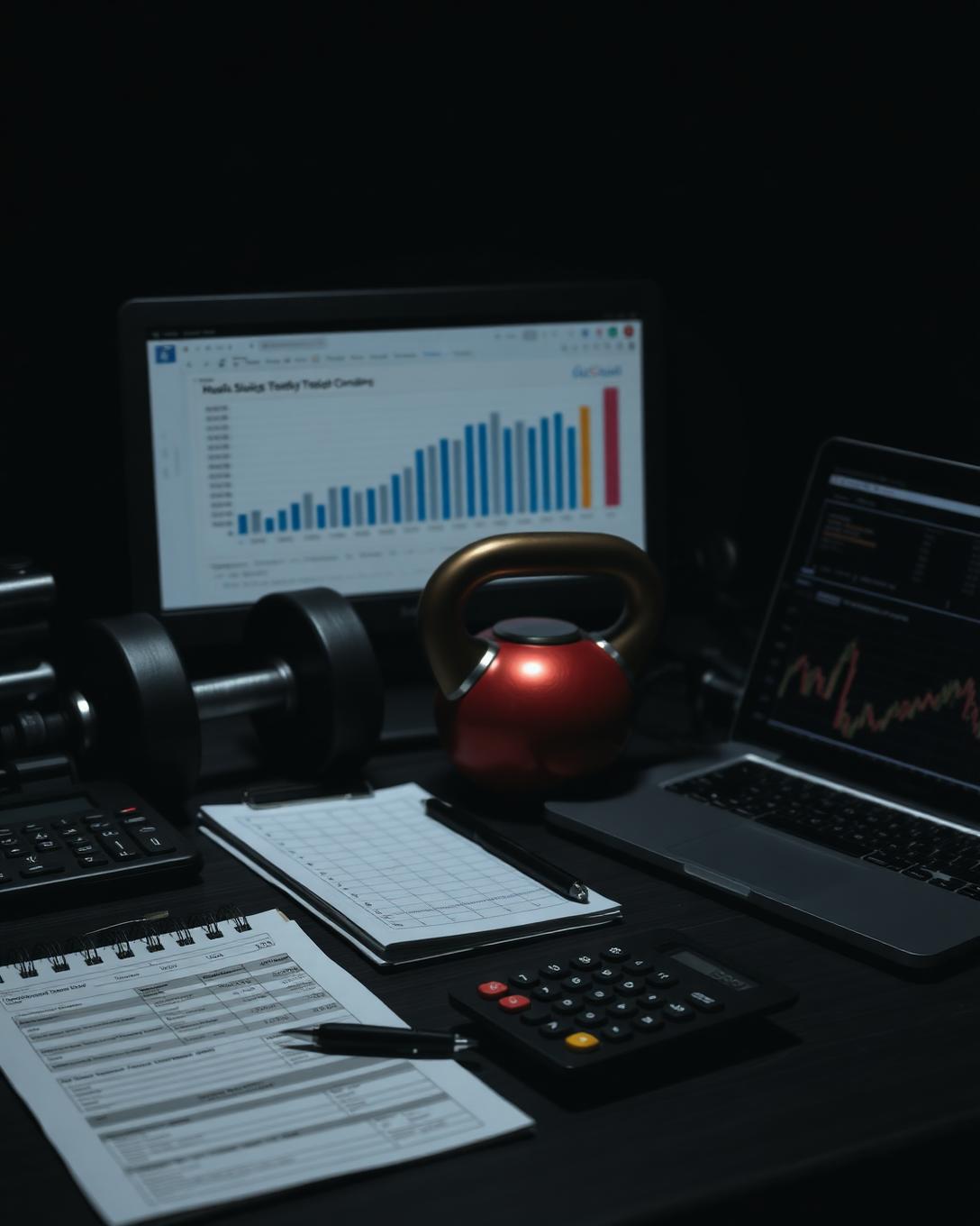 A kettlebell and dumbbell beside an open ledger and financial charts